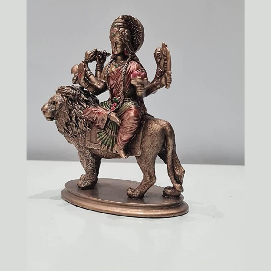 Fashtales Handicrafts Durga Statue On Lion 3.5 Inch Bonded Bronze Sherawali MATA Moorti for Small Temple N Car Dashboard Navratri Puja Idol Ambe Maa Vaishno Devi Figurine Pack of 1