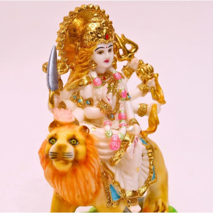 Fashtales Handicrafts Gold Plated Durga Maa Idol Sherawali MATA Devi Murti Marble for Home Temple Pooja Room Office Table Decoration & Gift- 9 Inch