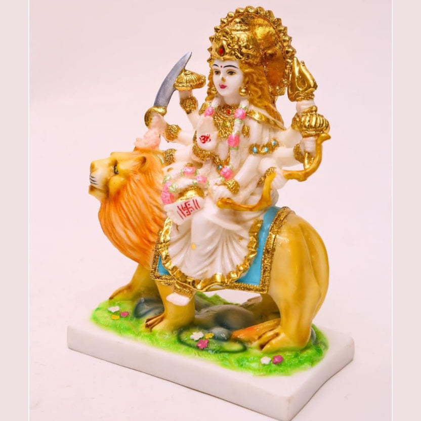 Fashtales Handicrafts Gold Plated Durga Maa Idol Sherawali MATA Devi Murti Marble for Home Temple Pooja Room Office Table Decoration & Gift- 9 Inch