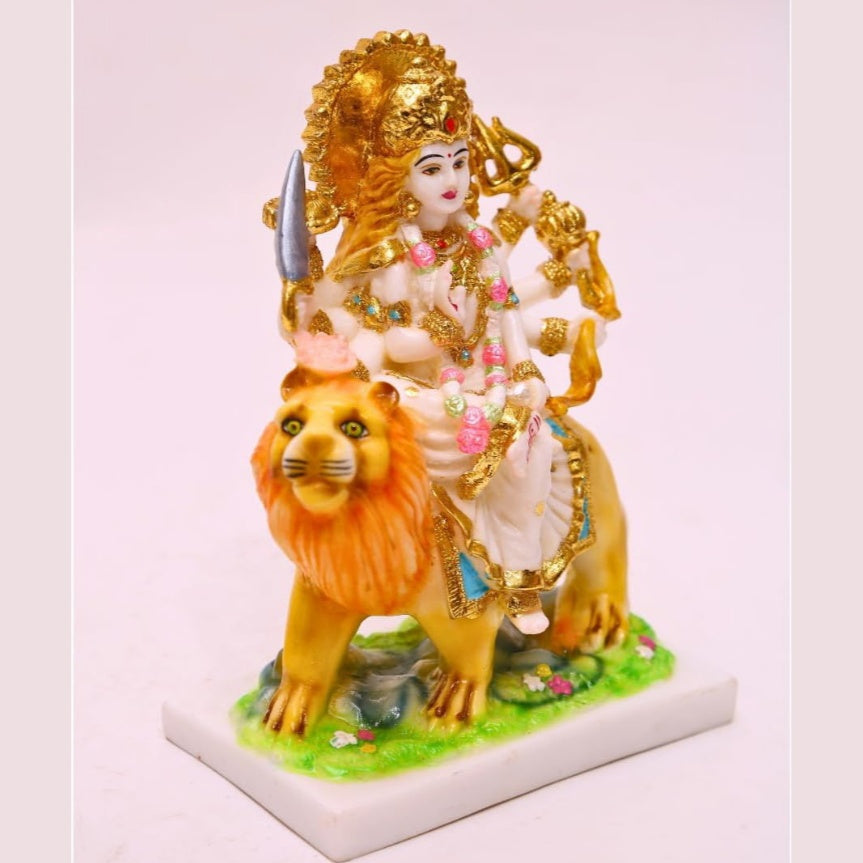 Fashtales Handicrafts Gold Plated Durga Maa Idol Sherawali MATA Devi Murti Marble for Home Temple Pooja Room Office Table Decoration & Gift- 9 Inch