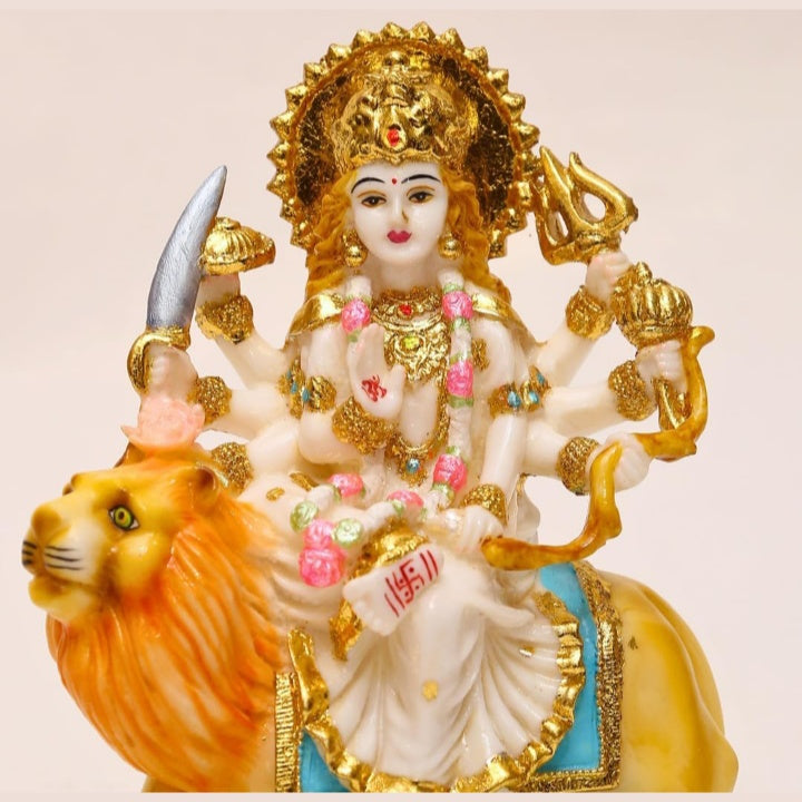 Fashtales Handicrafts Gold Plated Durga Maa Idol Sherawali MATA Devi Murti Marble for Home Temple Pooja Room Office Table Decoration & Gift- 9 Inch