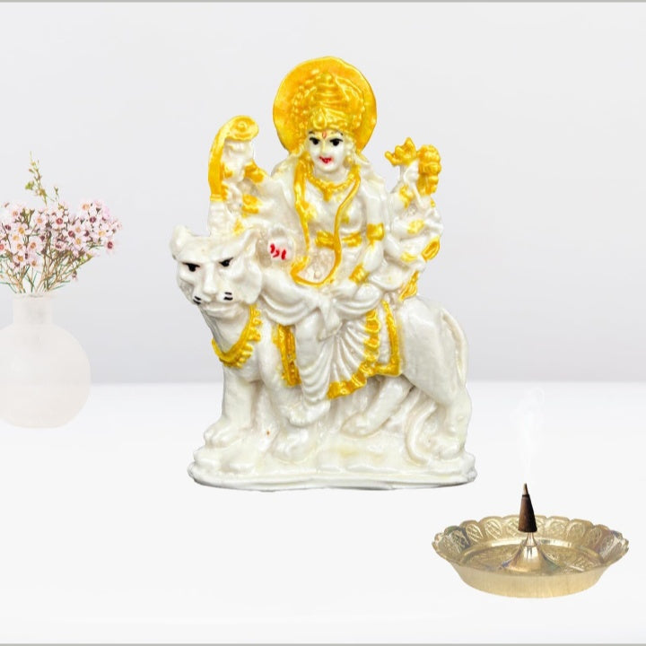 Fashtales Handicrafts Dust Maa Durga Idol for Pooja Room - Durga Murti for Home Worship & Decor - Ideal Gift (White & Golden_3x4 Inch)