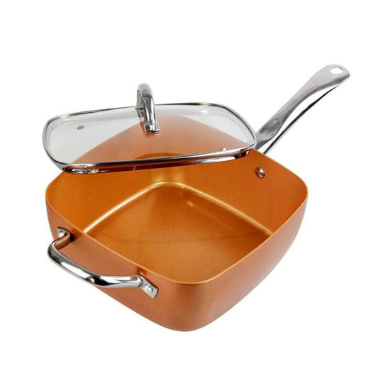 Fashtales Handicrafts Aluminum 5 Piece Set Chef Cookware, Non Stick Pan, Deep Square Pan, Fry Basket, Steamer Tray, Dishwasher & Oven Safe, 5 Quart Copper Pot Set