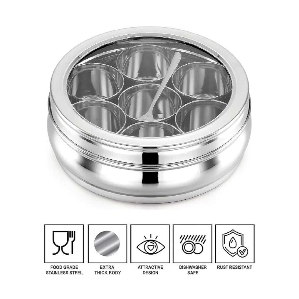 Fashtales Handicrafts Masala Dabba | Masala Box Stainless Steel For Kitchen | Masala Dani | Spice Storage Container (Glass Lid, 1200Ml), Silver