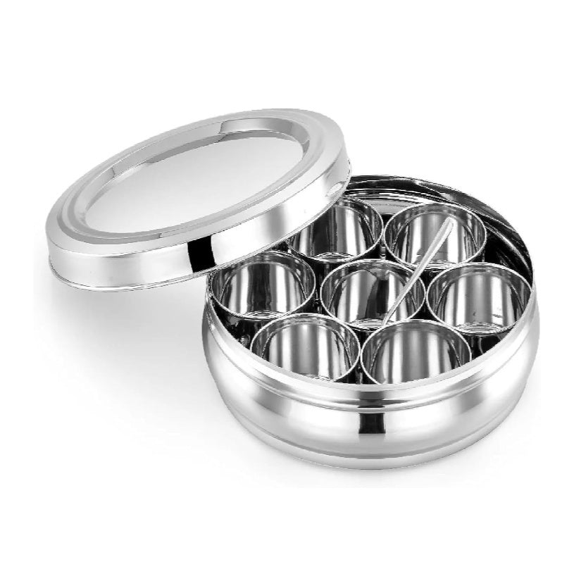 Fashtales Handicrafts Masala Dabba | Masala Box Stainless Steel For Kitchen | Masala Dani | Spice Storage Container (Glass Lid, 1200Ml), Silver