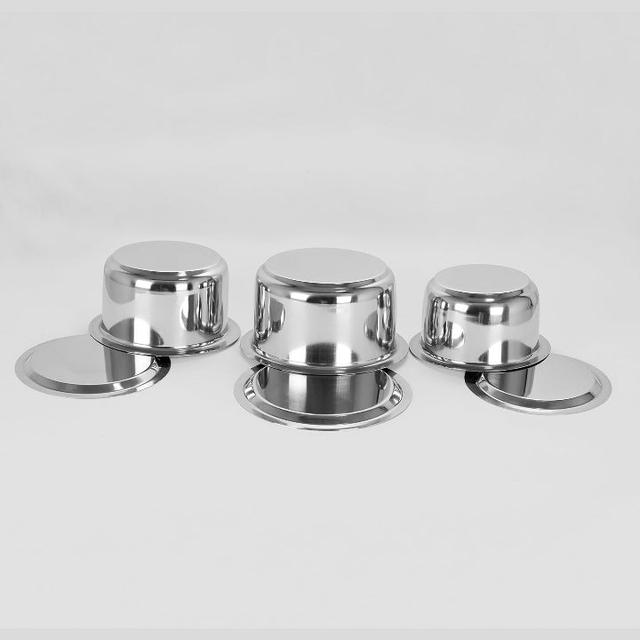 fashtales handicrafts Steel Tope Set with Lid; 1L ; 1.4L; 1.8L; Set of 3 Pieces, Silver