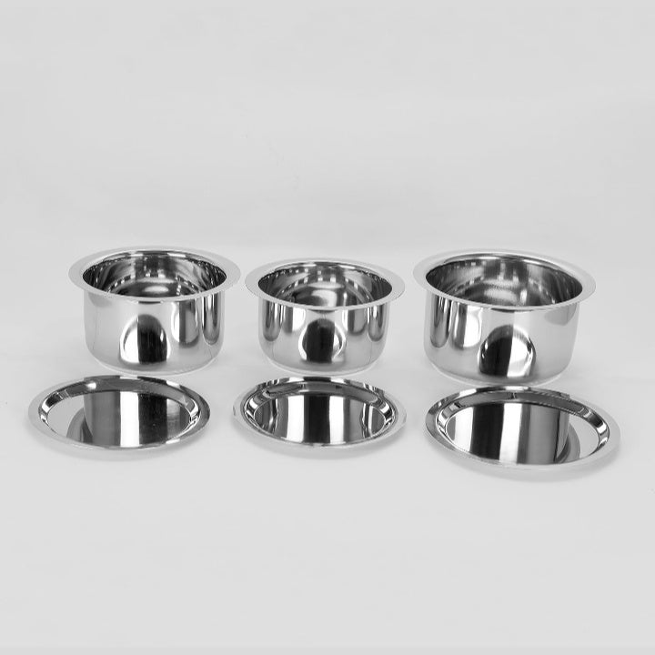 fashtales handicrafts Steel Tope Set with Lid; 1L ; 1.4L; 1.8L; Set of 3 Pieces, Silver