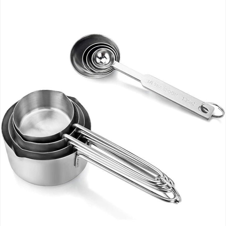 Fashtales Handicrafts Stainless_Steel Measuring Cups & Spoon Combo for Dry or Liquid/Kitchen Gadgets for Cooking & Baking Cakes/Measuring Cup Set Combo with Handles (Set of 4 Cups & 4 Spoons)