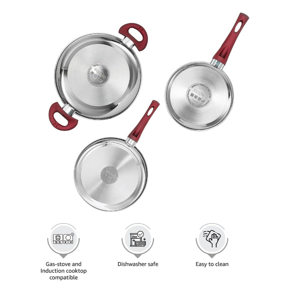 Fashtales Handicrafts Stainless Steel Heavy Bottom 3 Piece Cookware Set|Three Layer Impact Forged Bottom for Durability|Premium Look with Soft Touch Handles and Knob, 2200 Milliliter, Silver