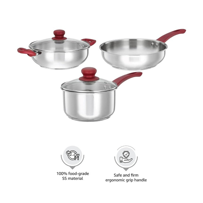 Fashtales Handicrafts Stainless Steel Heavy Bottom 3 Piece Cookware Set|Three Layer Impact Forged Bottom for Durability|Premium Look with Soft Touch Handles and Knob, 2200 Milliliter, Silver