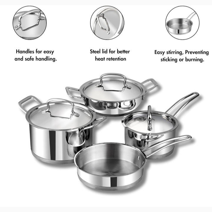 Fashtales Handicrafts Stainless Steel Cookware Combo Set of 4 Pcs/Saucepan, Saucepot, Kadai and Frypan/Deep Kadhai for Cooking/Heavy Induction Bottom - 2 Years Warranty