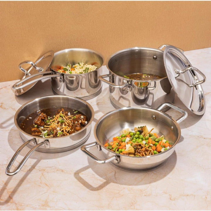 Fashtales Handicrafts Stainless Steel Cookware Combo Set of 4 Pcs/Saucepan, Saucepot, Kadai and Frypan/Deep Kadhai for Cooking/Heavy Induction Bottom - 2 Years Warranty