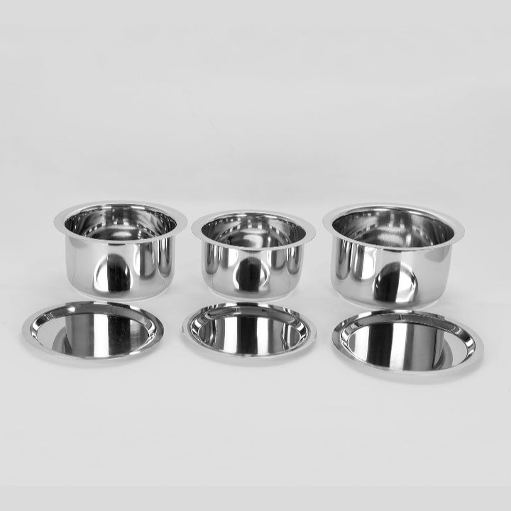 Fashtales Handicrafts Stainless Steel Tope Set with Lid; 1L ; 1.4L; 1.8L; Set of 3 Pieces, Silver