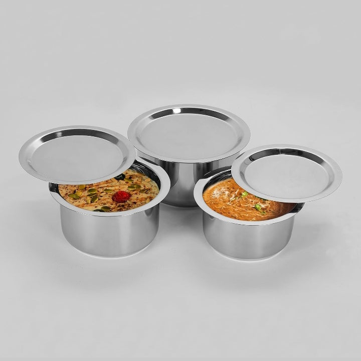 Fashtales Handicrafts Stainless Steel Tope Set with Lid; 1L ; 1.4L; 1.8L; Set of 3 Pieces, Silver