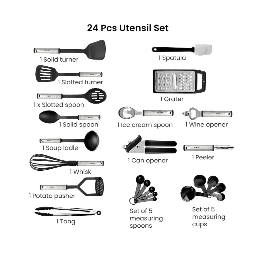 Fashtales Handicrafts 24 Pcs Kitchen Utensils Set, Nylon and Stainless Steel, Heat Resistant, Kitchen Cooking Utensils, Cookware Set with Spatula, Black