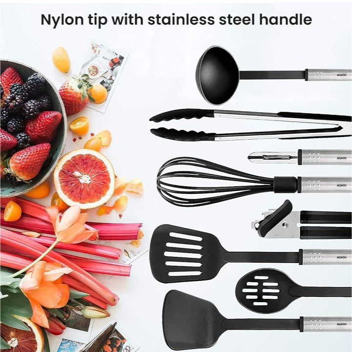 Fashtales Handicrafts 24 Pcs Kitchen Utensils Set, Nylon and Stainless Steel, Heat Resistant, Kitchen Cooking Utensils, Cookware Set with Spatula, Black