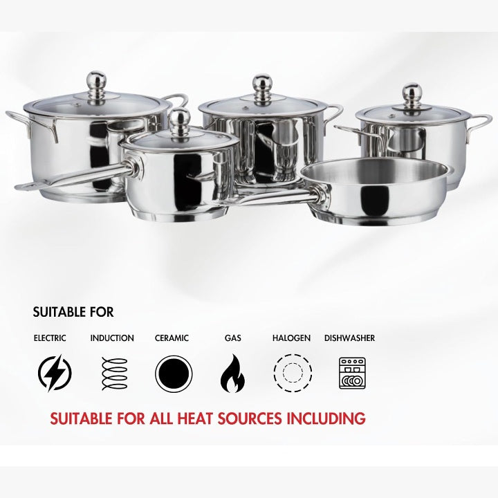 Fashtales Handicrafts Stainless Steel Induction Friendly Tuscany Set 5 Pieces - Saucepan (14 cm/1.3 Litre), 3 Cassseroles (14 cm,16 cm & 18 cm/1.3,2 & 2.8 Litre), Frypan (18 cm) & 3 Glass Lids