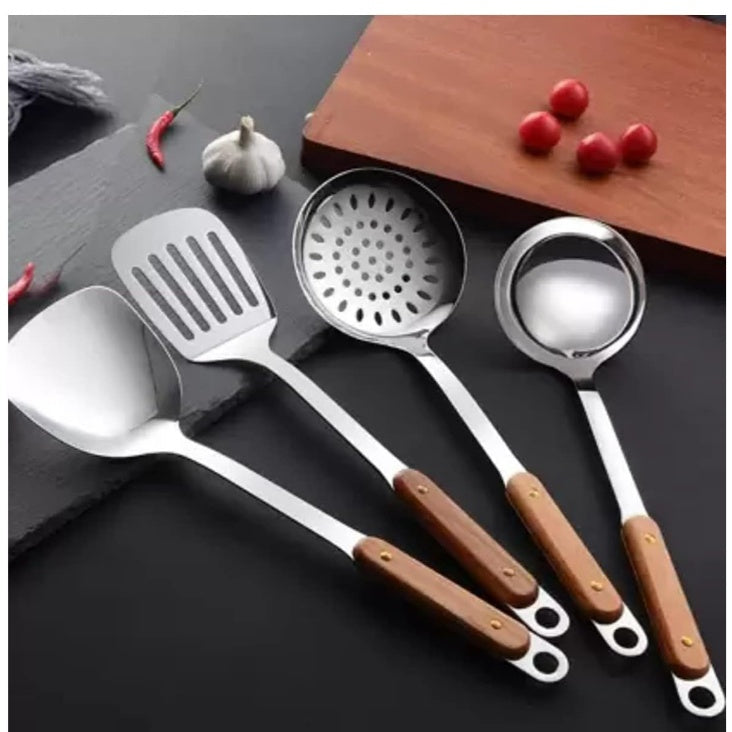 Fashtales Handicrafts 6 Piece Kitchen Cooking Stainless Steel Utensils Set Wooden Handle Cooking Tools Gadgets Spatula Set with Hook,Shovel,Slotted Turner,Slotted Skimmer,Ladle,Rice Spoon and Cooking Spoon