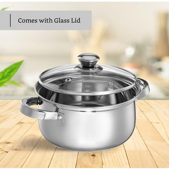 Fashtales Handicrafts Set of 2 Stainless Steel Cook and Serve Set | Glass Lid | Dishwasher-Safe, 2L 500 ml