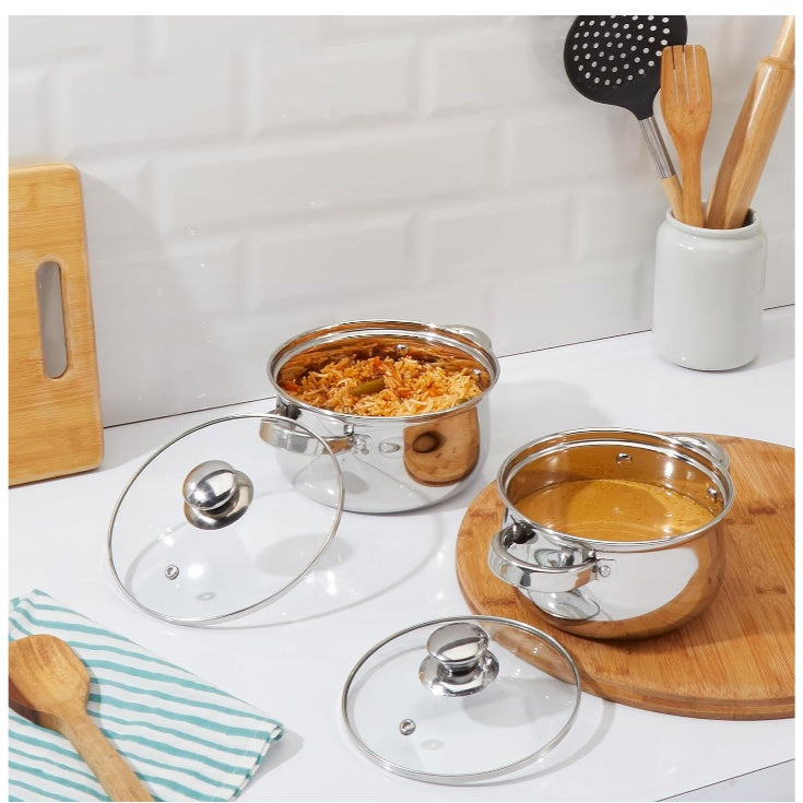 Fashtales Handicrafts Set of 2 Stainless Steel Cook and Serve Set | Glass Lid | Dishwasher-Safe, 2L 500 ml