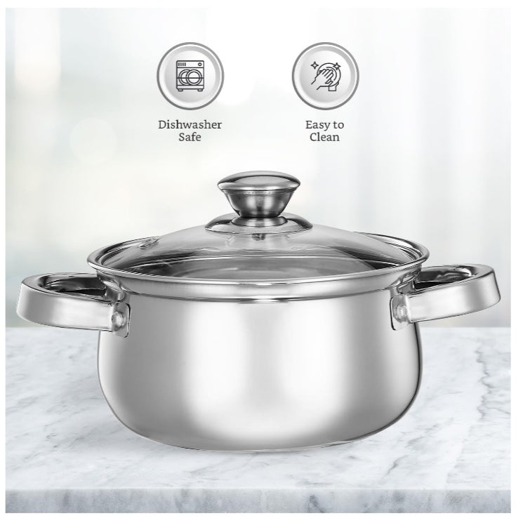 Fashtales Handicrafts Set of 2 Stainless Steel Cook and Serve Set | Glass Lid | Dishwasher-Safe, 2L 500 ml