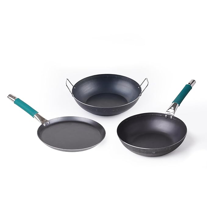 Fashtales Handicrafts Seasoned Iron Cookware Set Tawa(10inch) | Fry Pan (10inch) | Kadai (10inch) | Kitchen Cooking Combo Pots and Pans Set of 3Pcs | Naturally Nonstick