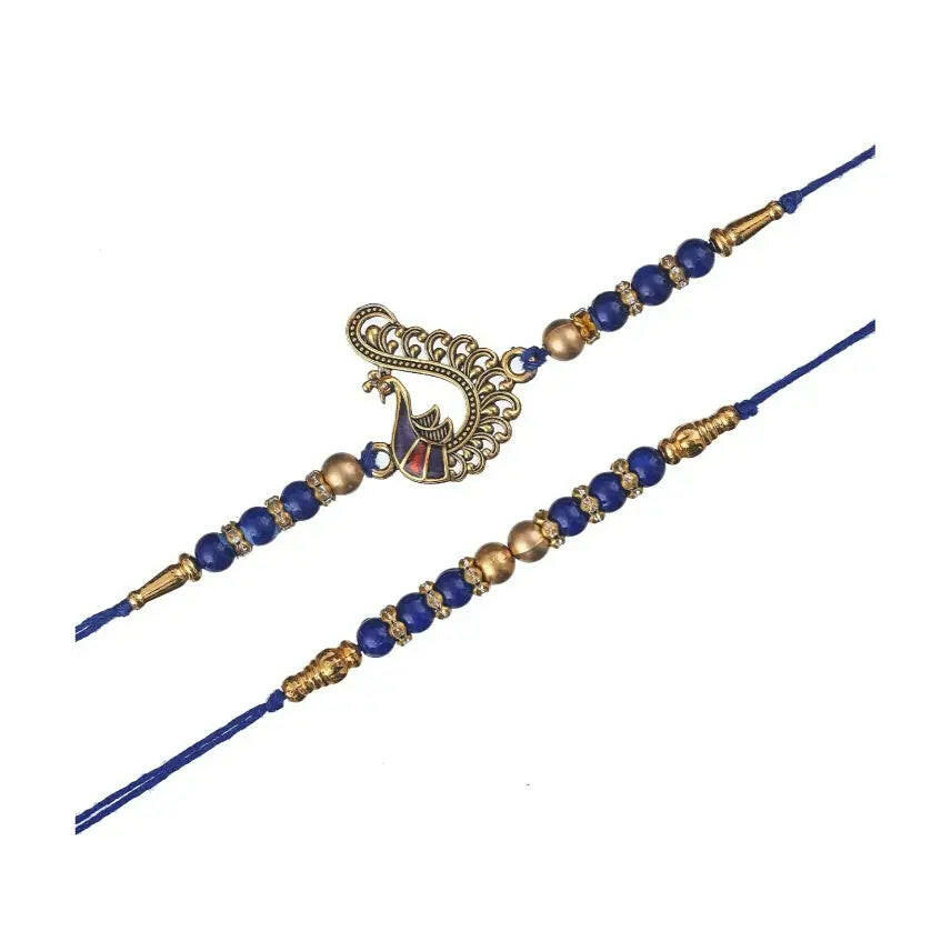 Fashtales Handicrafts Set of 2 Blue & Golden Pearls and Peacock Designer Rakhis with Roli Chawal Pack and Happy Rakhi Wooden Cutout - Rakhi for Brother, Bhaiya, Bhai