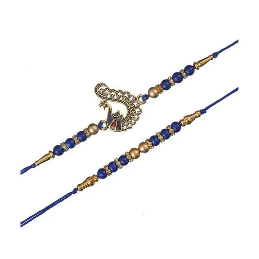 Fashtales Handicrafts Set of 2 Blue & Golden Pearls and Peacock Designer Rakhis with Roli Chawal Pack and Happy Rakhi Wooden Cutout - Rakhi for Brother, Bhaiya, Bhai