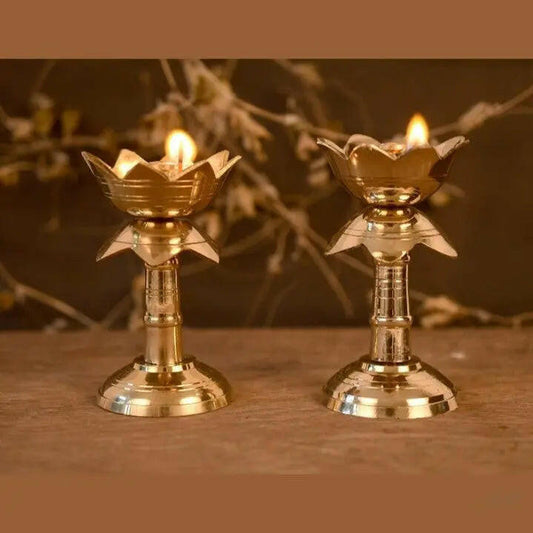 Fashtales Handicrafts Set of 2 Brass Diya for Puja Temple Decoration, Diya for Diwali - Lotus Shape Pillar Diya Stand Oil Lamp for Home Mandir Pooja Articles- Diwali Festive Gifts-3.8 Inch