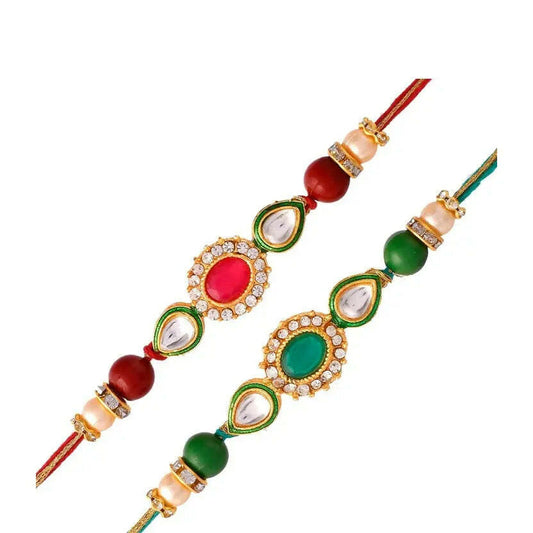 Fashtales Handicrafts Set of 2 Flower Rakhi Combo For Brother Sister Raksha Bandhan Gift Band Moli Bracelet Kundan Pearl Rakhi for Bhai Bhabhi Rakhi with Roli Tilak