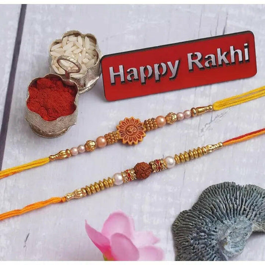 Fashtales Handicrafts Set of 2 Om & Rudraksha Rakhis with Roli Chawal Pack and Happy Rakhi Wooden Cutout - Rakhi for Brother, Bhaiya, Bhai