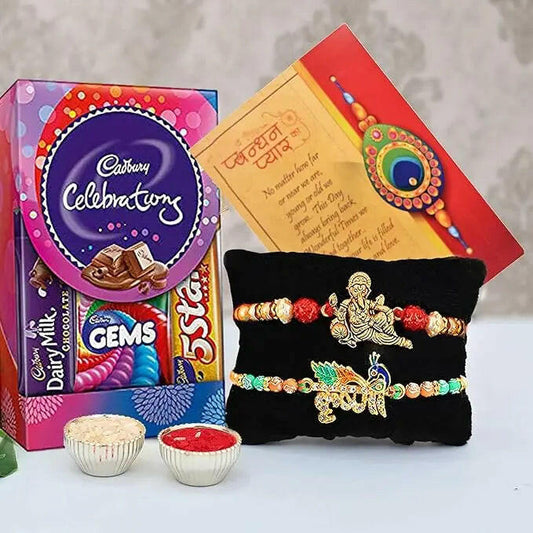 Fashtales Handicrafts Set of 2 Rakhi For Brother With Chocolate Combo, Gift for Brother, Ganesha Rakhi Krishna Rakhi for Bro with Cadbury Celebration Chocolate Pack Pair Couple Rakhi Set of 2, Multicolor