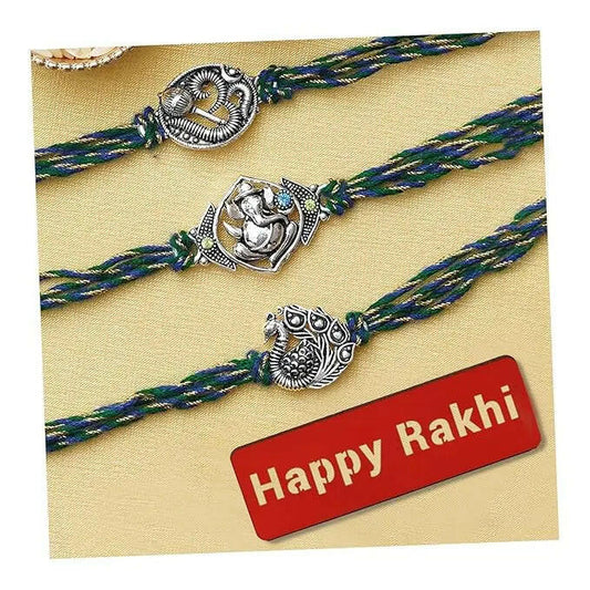 Fashtales Handicrafts Set of 3 Lord Ganesha, Peacock, Om with Mace Rakhis, Happy Rakhi Wooden Cutout with Roli Chawal Pack - Rakhis for Brother, Bhabhi, Kids
