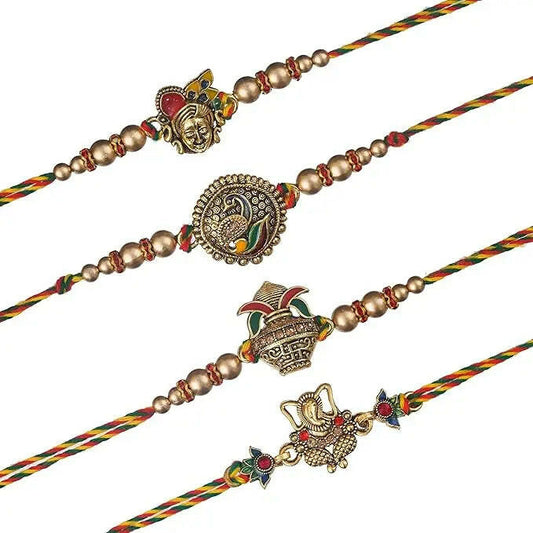 Fashtales Handicrafts Set of 4 Lord Ganesha, Peacock, Krishna & Kalash Designer Rakhis with Roli Pack - Rakhi for Brother, Bhaiya, Bhai