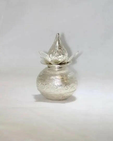 Silver Plated Glossy Mangal Kalash with Nariyal and Leafs | for Pooja Spiritual Gift Kalash with Nariyal Item (48 gm)