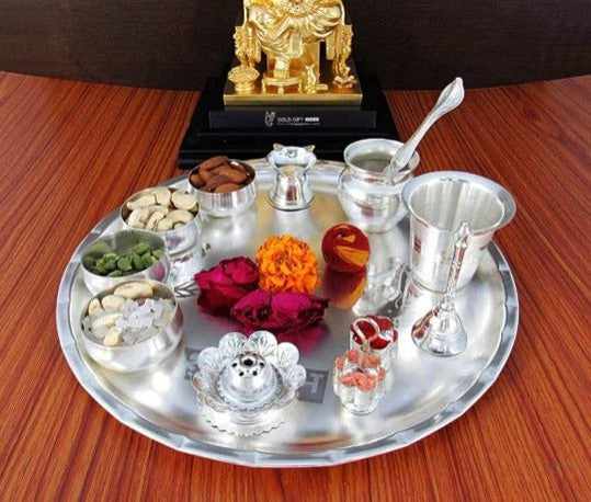 Silver plated pooja thali set, occasional gift, pooja thali decorative, wedding gift, diwali pooja metal thali 12 inch