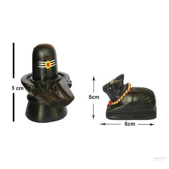 Stone 3" Shivling and 2" Nandi Idols Handcrafted and Hand Painted with Tilak, Black, 2 Pieces