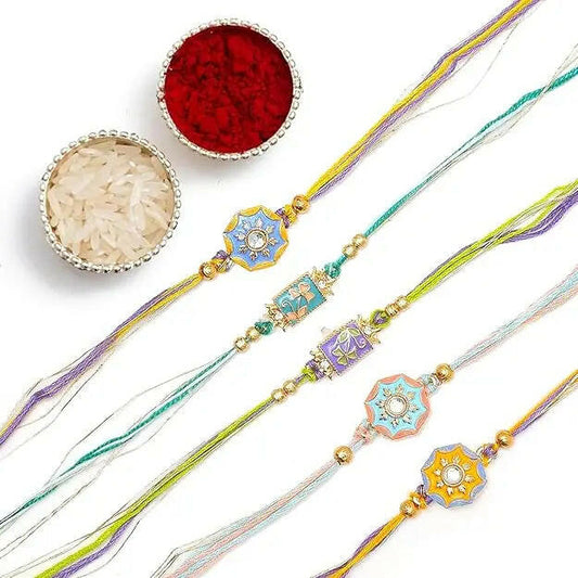 Fashtales Handicrafts Tree Meenakari Floral Rakhis For Brother with Roli Chawal and Card (Pack of 5) Rakhi for bhai, Rakshabandhan Gift for brother, Rakhi For Brother, 5 pc Set Rakhi Combo