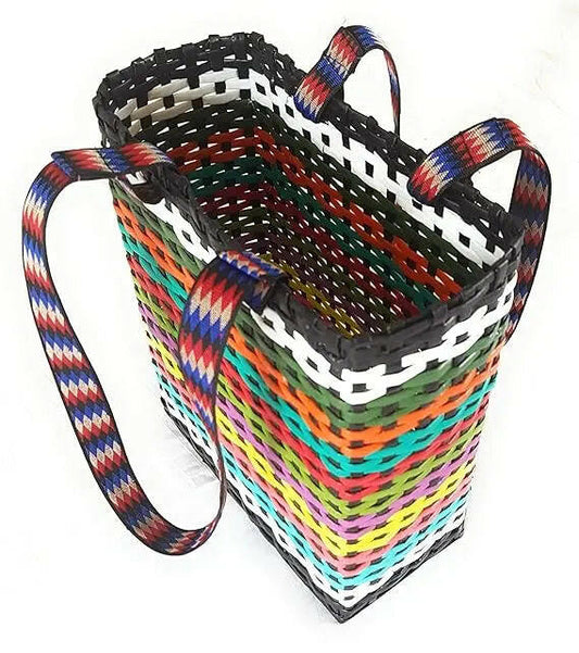 Fashtales handicrafts Unisex Small Multi-Color Carry Bag, Shopping Bag, Handbag for Lunchbox Tiffin, Water Bottles, Eco-Friendly Handmade of Paper Ropes, Height 11, Length 10, 5 inch Wide Base