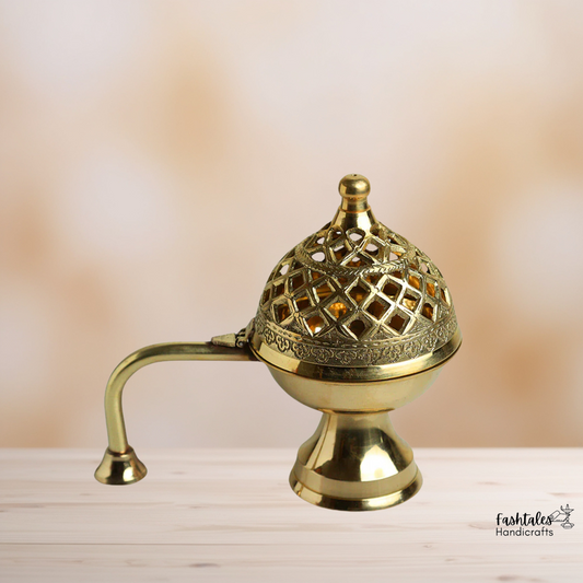 Fashtales Handicrafts Handcrafted metal brass lobandan incense burner with handle (gold)