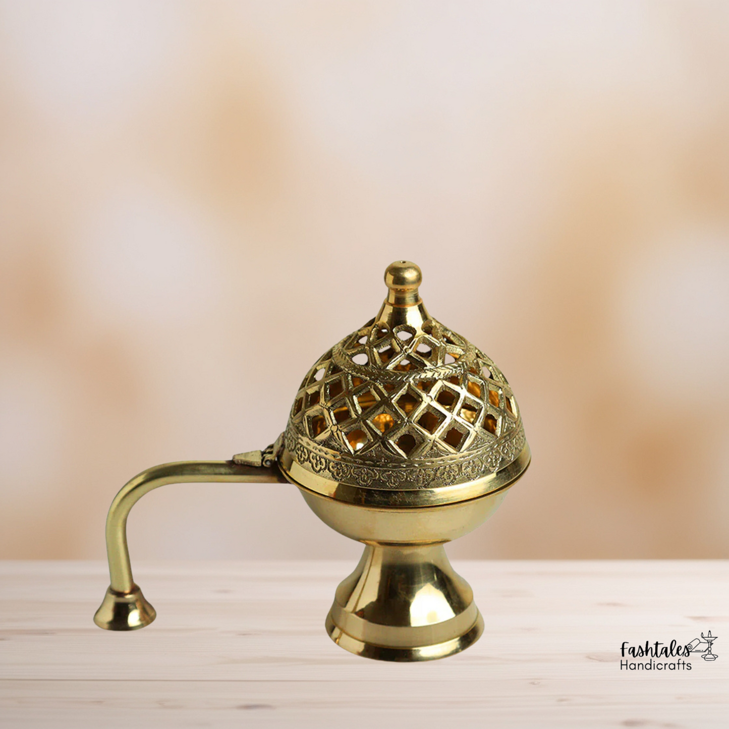 Fashtales Handicrafts Handcrafted metal brass lobandan incense burner with handle (gold)