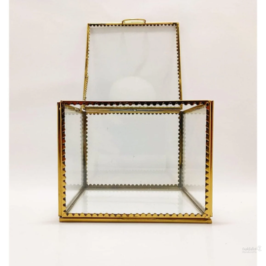 Vintage Metal & Clear Glass Square Decorative Jewelry Case Box with Latching Lid Size