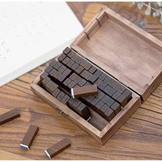 Vintage Rubber Stamps Alphabet Number Special Characters Wooden ABCD in Wood Storage Box 70 Letters