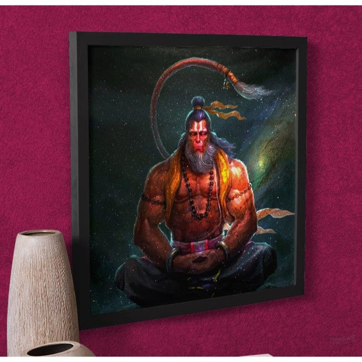 Wall Art Painting Of Meditating Hanuman With Frame For Home & Office Decor, 13.5 Inx13.5 In, Multi Colored, Digital Painting (Meditating, Hanuman)