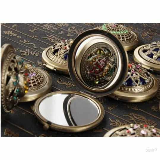 Womens Pocket Size Antique Metal Double-Sided Magnifing Compact Mirror with Clasp-Assorted Vintage Brass Style Embellished Rhinestone Design