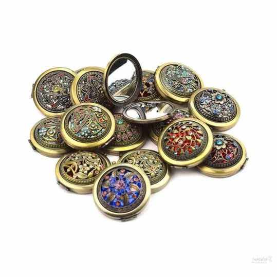 Womens Pocket Size Antique Metal Double-Sided Magnifing Compact Mirror with Clasp-Assorted Vintage Brass Style Embellished Rhinestone Design