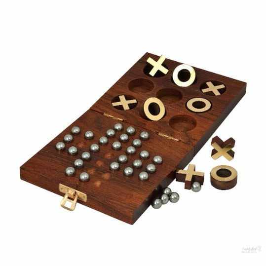 Wooden Tic Tac Toe and Solitaire Board Game