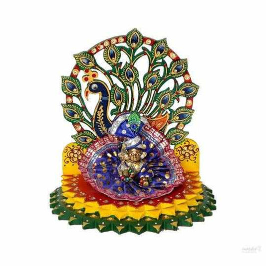 Wooden peacock shape laddu gopal ginghasan for god idols,gifts mandir eecoration item god singhasan home & office handmade (8 x 6 x 8.5 in)