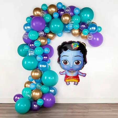 Fashtales Handicrafts krishna janmashtami decoration items set with shree krishna foil balloon, dark purple, metallic gold, chrome purple & blue balloons/pooja room decoration items/home décor kit-58 Items