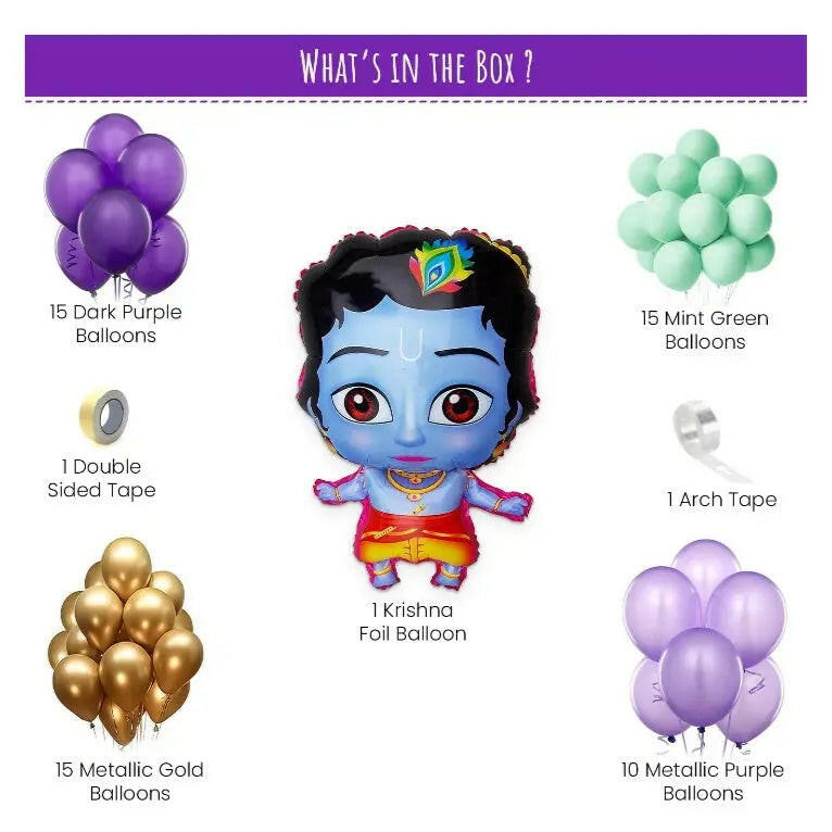 Fashtales Handicrafts krishna janmashtami decoration items set with shree krishna foil balloon, dark purple, metallic gold, chrome purple & blue balloons/pooja room decoration items/home décor kit-58 Items
